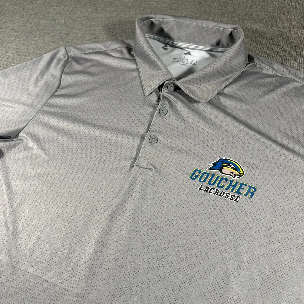 Adidas Polo Shirt Mens Large Gray Goucher Lacrosse Short Sleeve Performance Logo